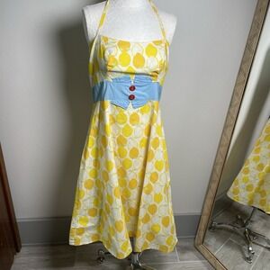 Bon Bon Womens 12 Yellow Halter Dress Rockabilly Pinup Lemon Print Cotton